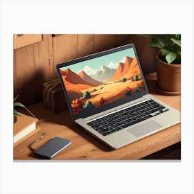 A Photograph Of A Laptop On A Wooden Desk With A Desert Landscape Wallpaper Canvas Print