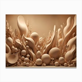 An Elegant Arrangement Of Cream Colored Organic Shapes, Resembling Leaves, Flowers, And Spheres, On A Matching Background Canvas Print