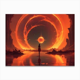 A Lone Woman In A Red Dress Stands Before A Giant, Fiery Ring Planet In A Surreal Alien Landscape Canvas Print