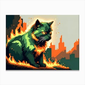 Pixel Art Illustration Of A Green Cat Engulfed In Flames Against A Pixelated Cityscape Background Canvas Print