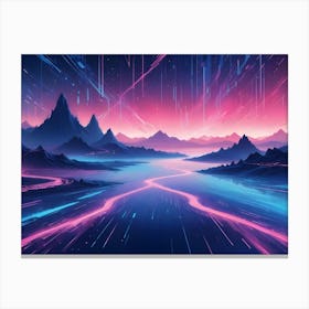 A Digital Illustration Of A Vibrant Landscape With Pink And Blue Lights Shooting Across A River And Mountains, Creating A Sense Of Movement And Wonder Canvas Print