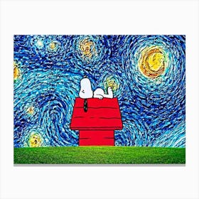 dog sleep red house Starry Night Van Gogh Parody Canvas Print