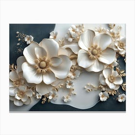 3d White And Blue Background With Golden Jewelry And Flowers 1 Canvas Print