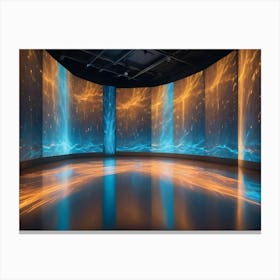 A Dark Room With A Curved Wall Of Screens Displaying Abstract, Blue And Orange Visuals Canvas Print