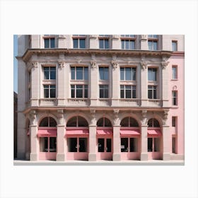 A Facade Of A Building With Arched Windows And Pink Awnings, Suggesting A Stylish And Modern Retail Space Canvas Print