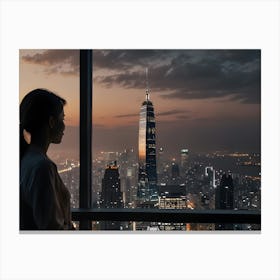 Woman Looking Out Window At Night Canvas Print