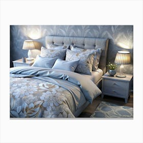 Blue And Grey Bedroom Interior With Floral Bedding Canvas Print