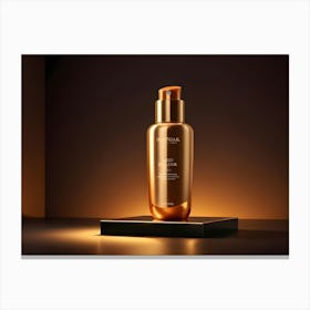 Photo Of A Golden Bottle Of Skincare Product On A Black Stand Canvas Print