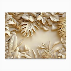 3d Tropical Leaves Art Background Golden 3 Canvas Print