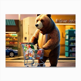 Animated bear carrying a supermarket cart Canvas Print