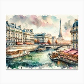 Parisian River Scene With Eiffel Tower Canvas Print