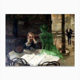 The Absinthe Drinker by Viktor Olivia 1901 - Parisian Cafe Vintage Victorian Famous Green Fairy Witch Sat by Man Drinking - Trippy Witchy Psychedelic Visions Funny Remastered High Definition Immaculate Canvas Print
