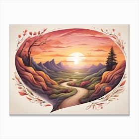 Decorative View Of Mountain Region At Sunrise And A Wandering Path In A Oval Flower Decoration - Color Illustration On White Background Canvas Print