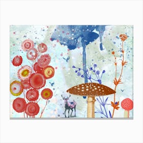 Enchanted Forest with Mushrooms and Deer – Whimsical Nature Art Canvas Print