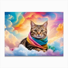 Cat lying in a rainbow of clouds wearing a colorful scarf Canvas Print