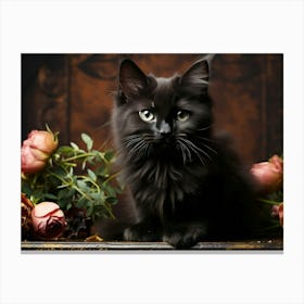 Cute Black Cat And Flowers 04 Canvas Print