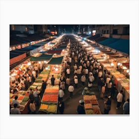 A Man Looking At Food Stalls In A Busy Night Market Canvas Print