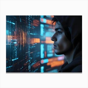 Profile Of A Young Man In A Hoodie Looking Intently At Lines Of Code On A Dark Background Canvas Print