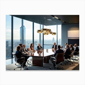 Confident Ceo Seated At The Head Of A Sleek Gleaming Mahogany Conference Table Leading An Energize (3) Canvas Print