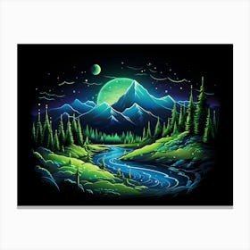 Nature Neon Green Blue Mountains River Trees Dark Abstract Canvas Print