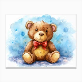 Watercolor Illustration Of A Teddy Bear With A Red Bow Canvas Print