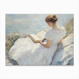 Girl Reading A Book By The Lake Canvas Print