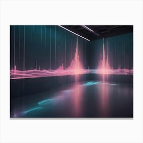 Abstract Digital Image Of A Futuristic Room With A Wall Displaying A Glowing Pink And Blue Waveform Representing Data Or Sound Waves Canvas Print