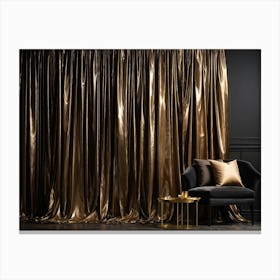 Curving Gold Drapery Cascades Down A Rich Brown Wall The Silken Material Emulating The Fluidity And Canvas Print