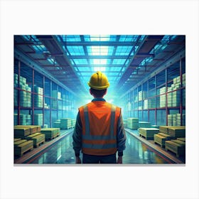 Worker In A Warehouse With Stacks Of Boxes Canvas Print