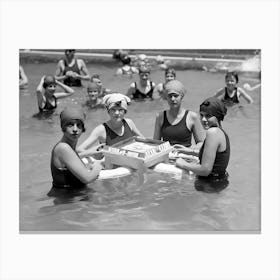 Women In Swimming Pool Playing Board Game, Vintage Black and White Old Photo Canvas Print