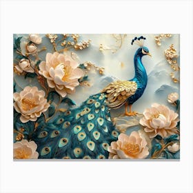 3d Peacock With Golden Jewelry And Flowers 1 Canvas Print