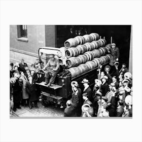 Prohibition, Beer Barrels on Truck, Bar Cart Decor, Vintage Black and White Old Photo Canvas Print