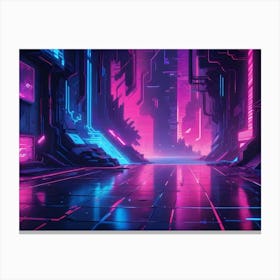 An Illustration Of A Futuristic City Alleyway With Glowing Pink And Blue Neon Lights Canvas Print