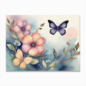 Butterfly And Flowers Watercolor Canvas Print