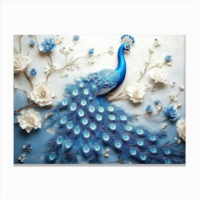 3d Artwork Background Blue Peacock on Branch 3 Canvas Print