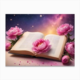 Open Book With Pink Peonies Surrounding It Against A Background Of A Starry Night Sky, Representing Knowledge, Beauty, Or Dreams Canvas Print