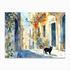 Black Cat In Catania, Italy, Street Art Watercolour Painting 4 Canvas Print