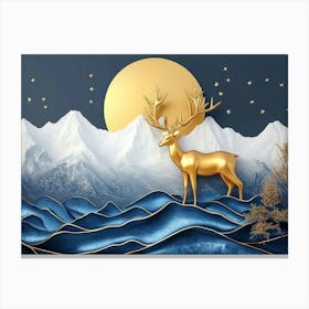 3d Modern Art with Dark Blue and Golden Wave Background Mountains Golden Deer Canvas Print