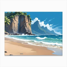 Tropical Beach With Cliffside Waterfall And Lush Mountains Canvas Print