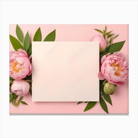 Square Invitation Or Greeting Card Mockup With Pink Peony Flowers On A Pastel Pink Background, Top View, Flat Lay Canvas Print