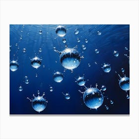 A Blue Background With A Cluster Of Water Droplets, Some Of Which Are Splashing, Creating A Dynamic And Organic Effect Canvas Print