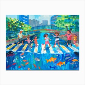 In The Style Of Japanese Anime, Imagine An Urban Scene Where Children Play On Zebra Crossing Floating On Blue Water Canvas Print