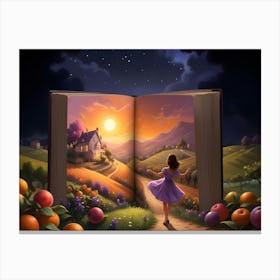 Woman Walking Toward A House On A Hillside With A Book Opening Behind Her Canvas Print