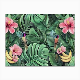 Tropical Seamless Pattern With Protea, Hibiscus Flowers, Banana Leaves, Palm, Monstera, Hummingbirds 1 Canvas Print