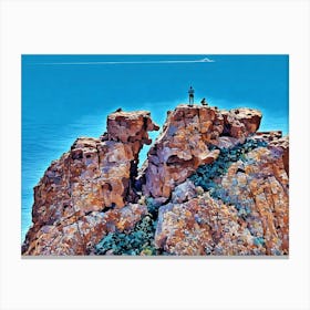 Cliffside Serenity with a Mediterranean Backdrop. A stunning view of two people atop rugged red cliffs overlooking the deep blue Mediterranean Sea, with a sleek white yacht in the distance. The vibrant colors and serene atmosphere evoke the natural beauty of the Esterel Massif in Var, France. Canvas Print