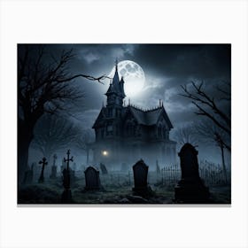 Frightened Souls Hovering Over A Mist Enshrouded Graveyard Full Moon Piercing Through Ominous Cloud (5) Canvas Print