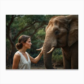 Woman Touching An Elephant Canvas Print