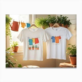 Two White T Shirts With Colorful Illustrations Of Potted Plants And Hanging Laundry Canvas Print