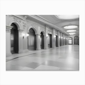 A Black And White Photograph Of A Long Hallway In An Elegant Building Canvas Print