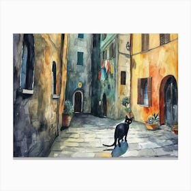 Black Cat In Pisa, Italy, Street Art Watercolour Painting 1 Canvas Print